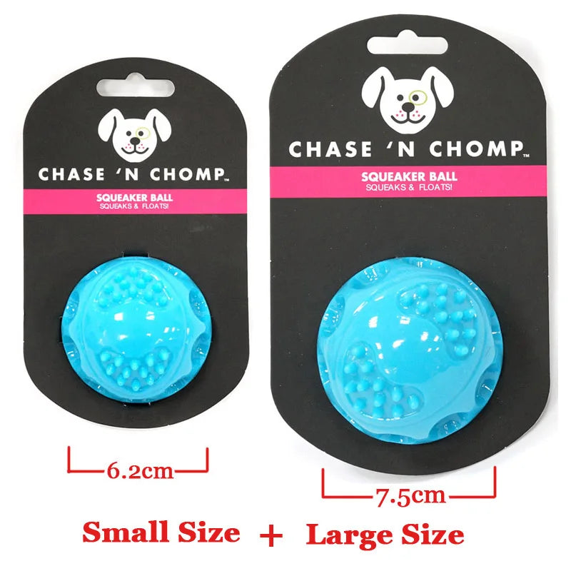 Pet squeaker ball sizes: blue small 6.2cm and blue large 7.5cm