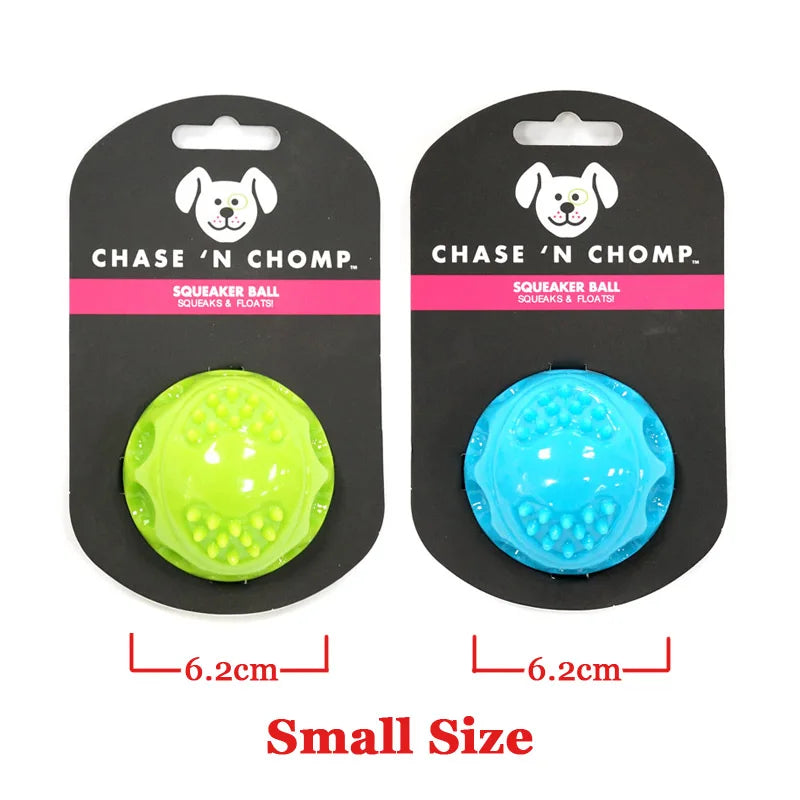 Two small-size squeaky bounce ball packages: neon green and blue