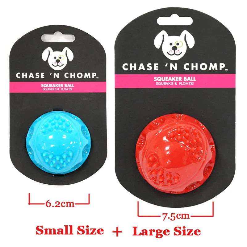 Set of small and large squeaky bounce balls: blue small and red large