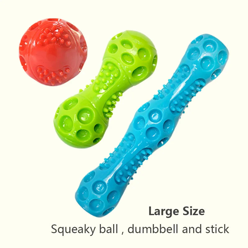 Squeaky pet toy set: red ball, green dumbbell, blue stick, large size