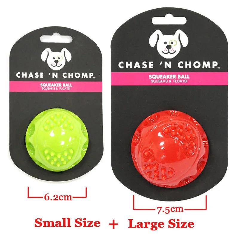 Pet squeaker ball set: green small 6.2cm and red large 7.5cm