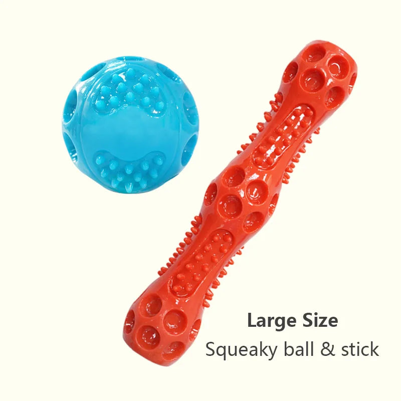 Large size squeaky ball and stick: blue ball with red ribbed stick