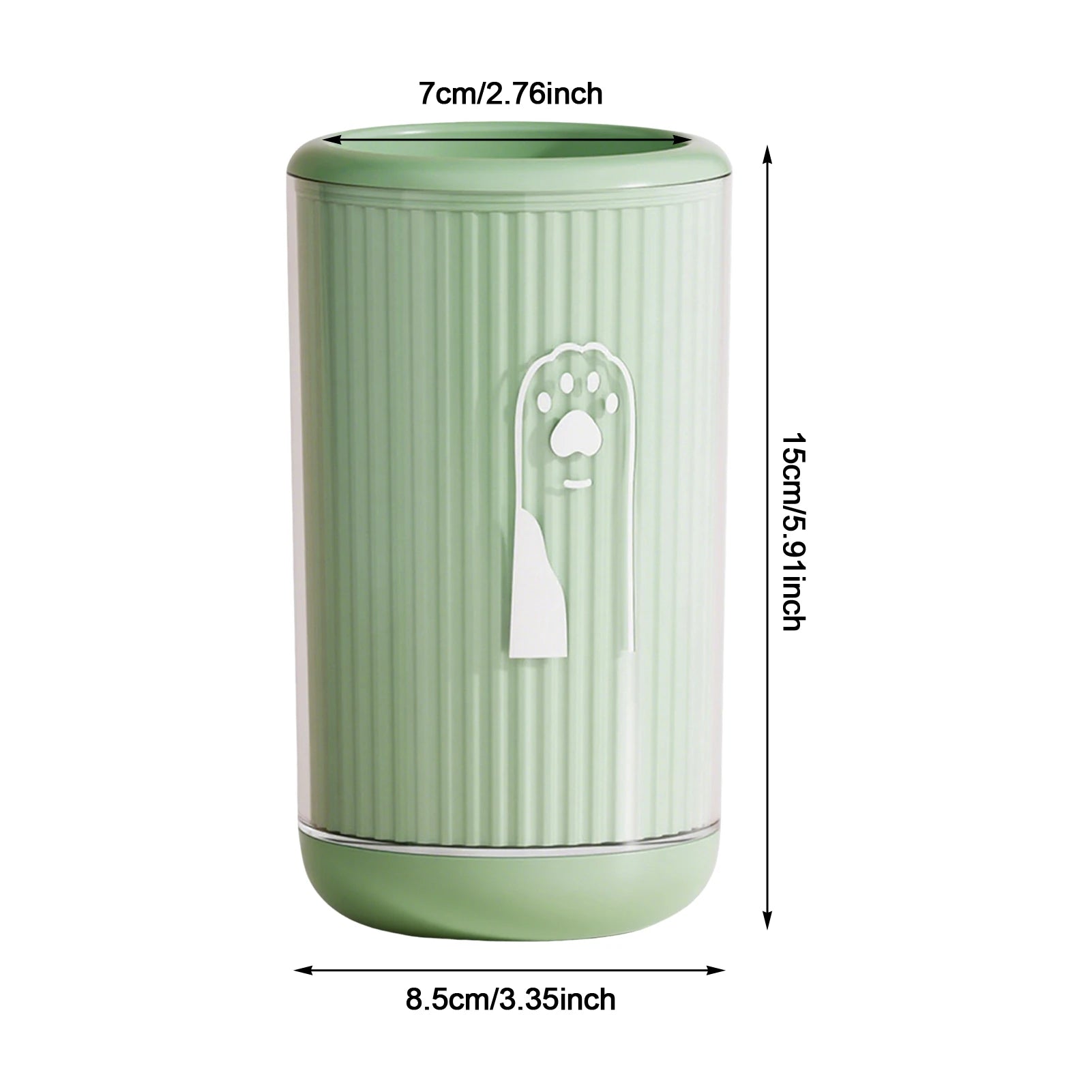 Zavero™ PawRinse Cup size diagram, green: 8.5cm wide, 15cm high