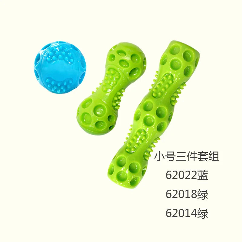 Blue squeaky bounce ball with two green textured bone sticks