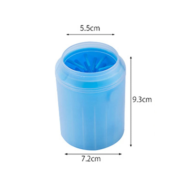 Translucent blue PawRinse cup with open top