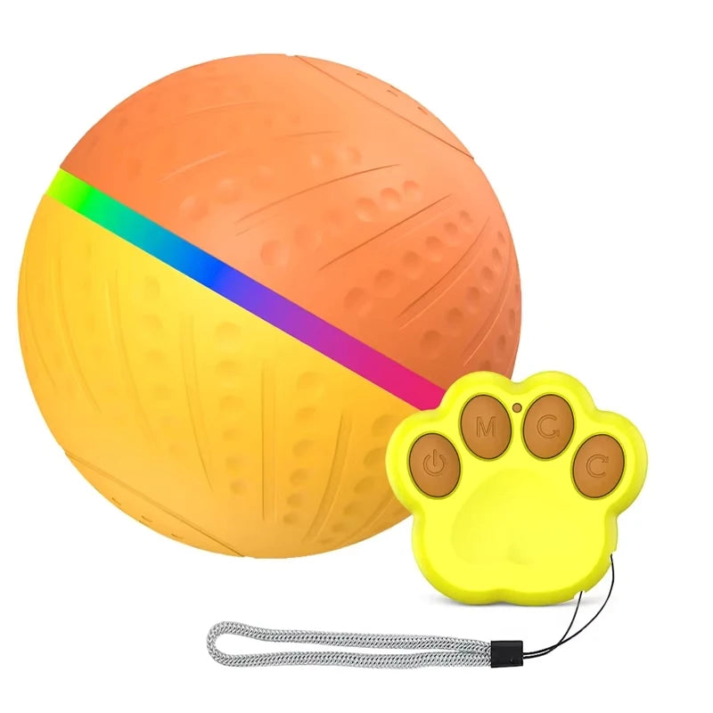 Orange and yellow smart interactive dog ball with rainbow stripe and paw-shaped remote