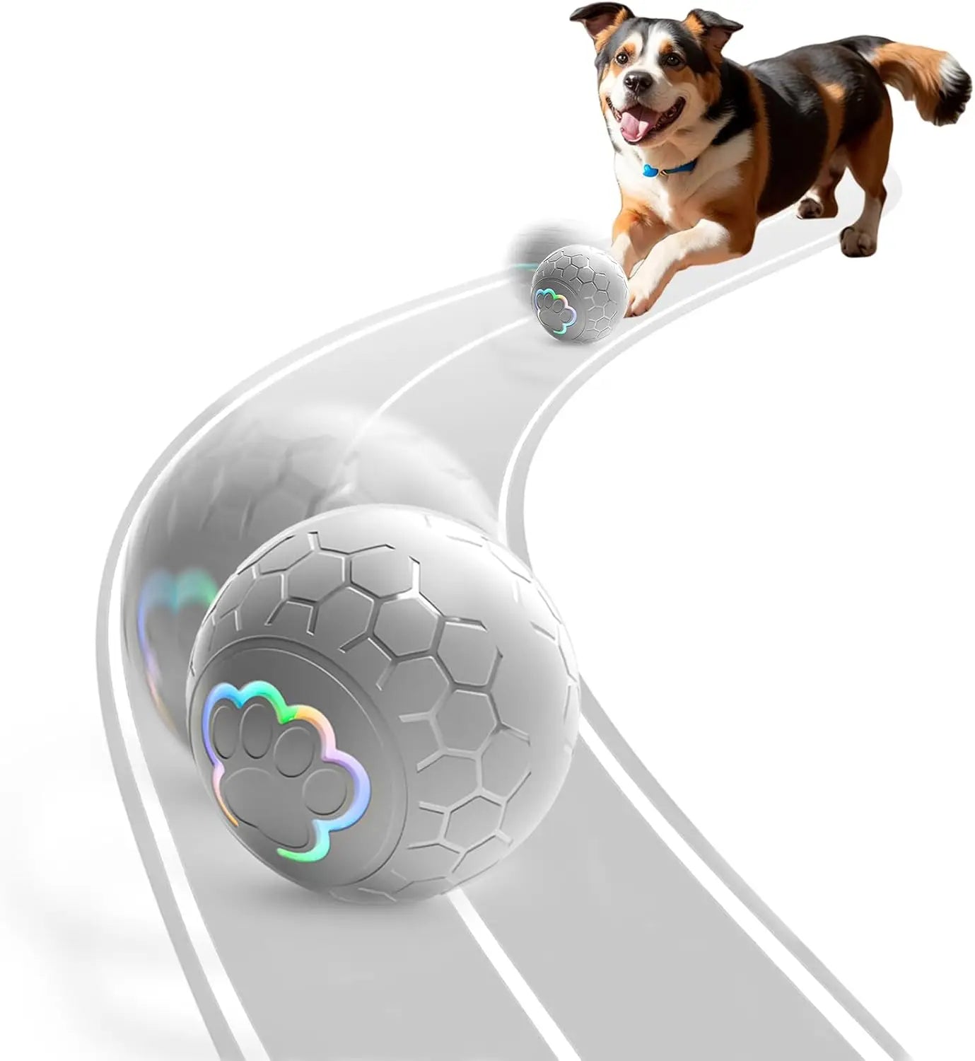Gray smart interactive dog ball toy with paw light detail, dog playing on white
