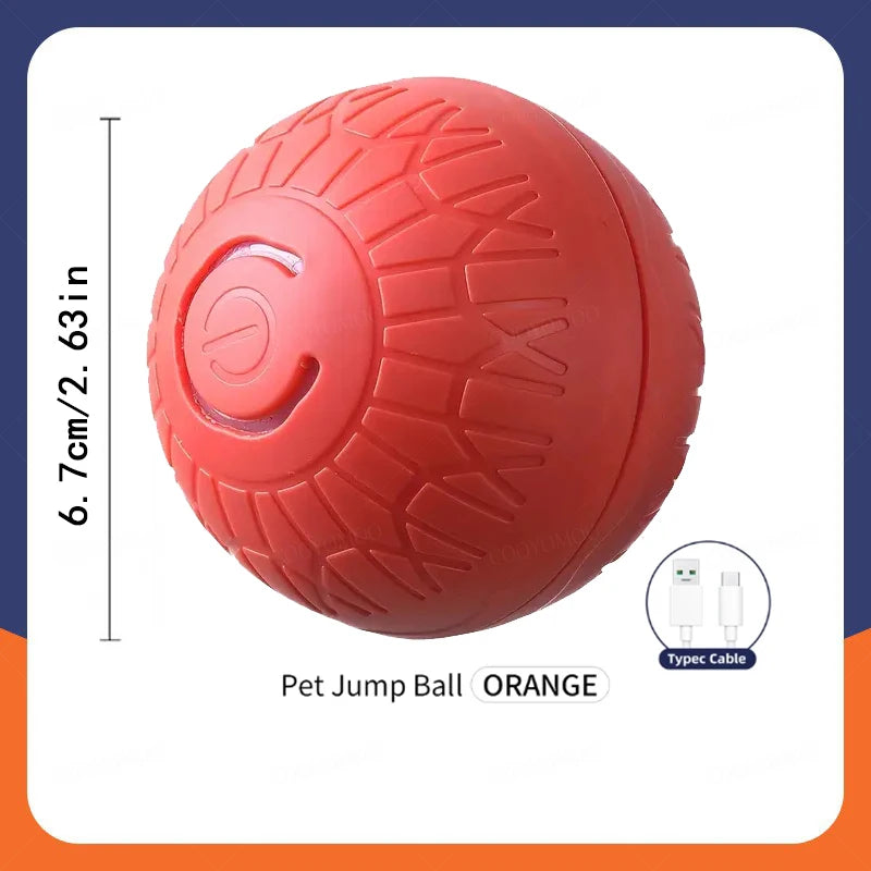 Red smart interactive dog ball with textured grip and glowing power button