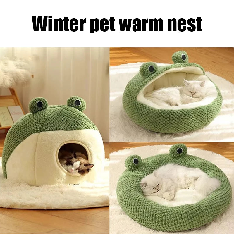 Zavero™ Frog Shape Cat Villa — Semi-Enclosed Warm Plush Nest
