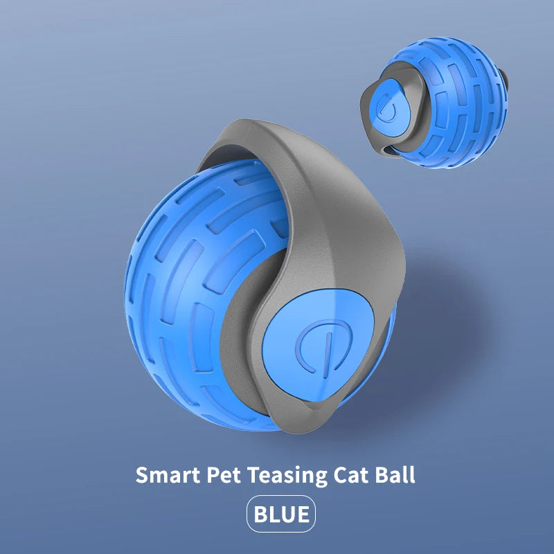 Blue smart pet teasing cat ball toy with textured ridged surface