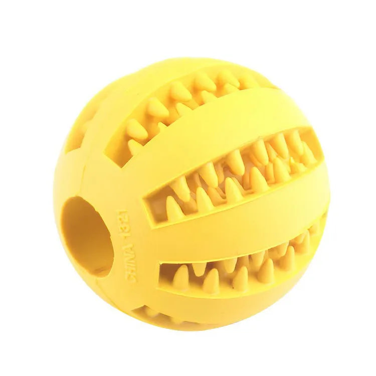 Yellow chew toy ball with raised bite ridges and a large side opening