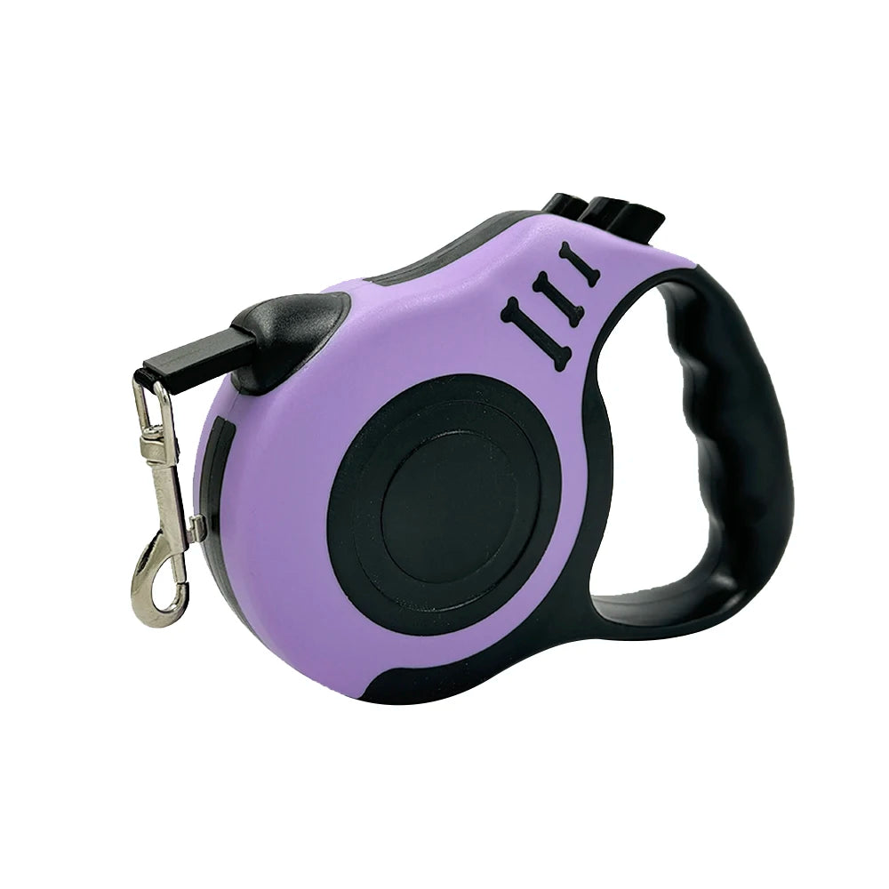 Retractable dog leash reel, purple and black with carabiner
