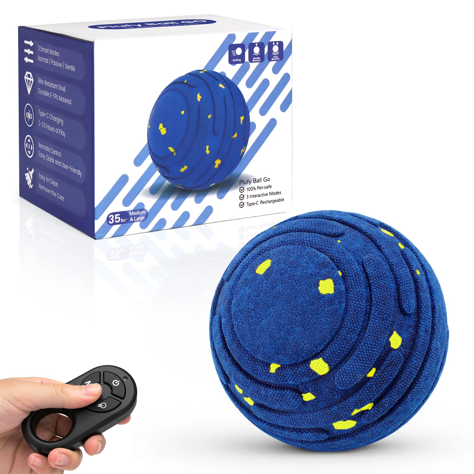 Blue plush remote-controlled dog ball with bright yellow dot accents and spiral ridges