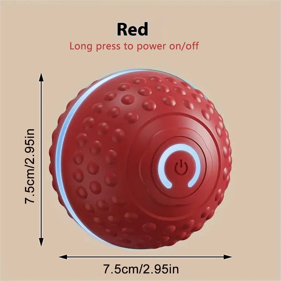 Red SmartRoll dog ball with textured surface and power button, 7.5cm size
