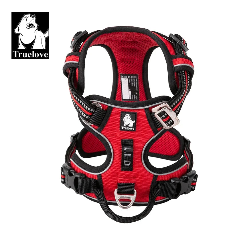 Red dog safety harness vest with black mesh panels and adjustable buckles