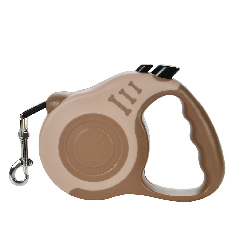 Retractable dog leash reel, beige and brown with carabiner