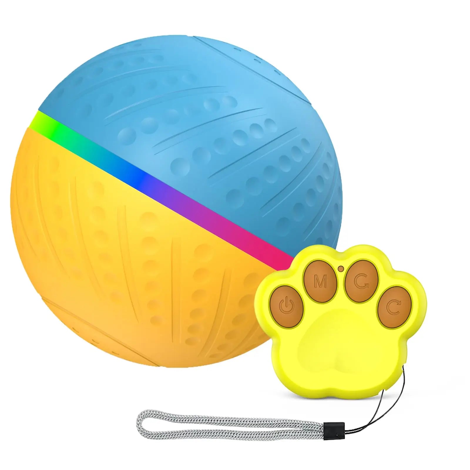 Blue and yellow smart interactive dog ball with rainbow stripe and paw-shaped remote