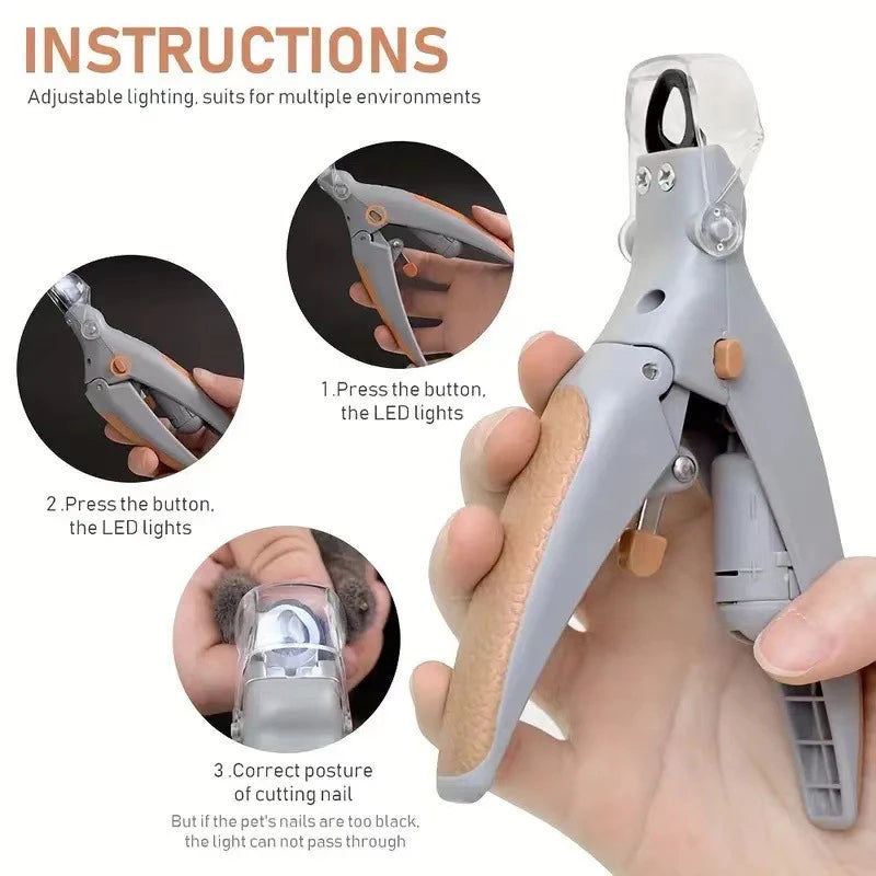Pet cat and dog nail clippers with LED light, polishing and cleaning supplies