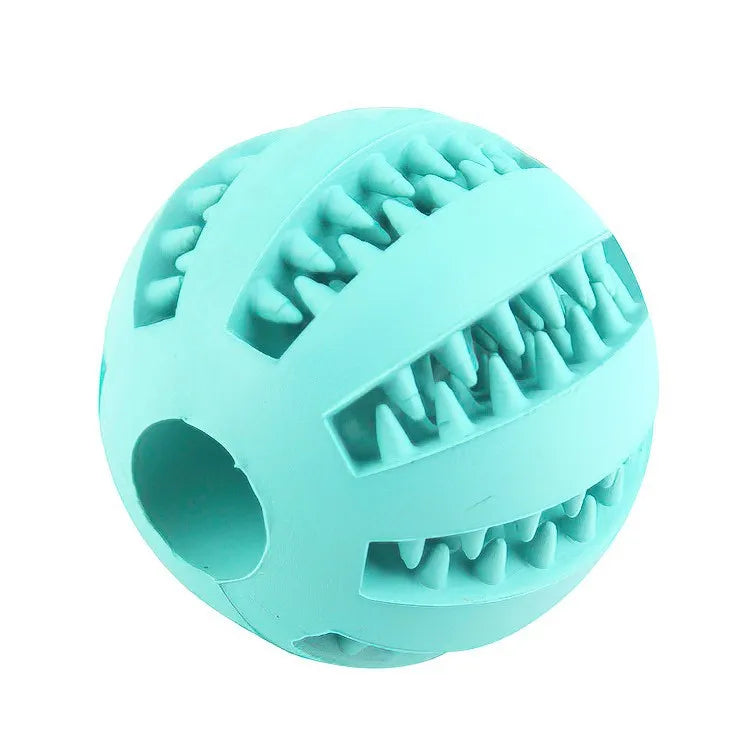 Light blue chew toy ball with raised bite ridges and a large side opening