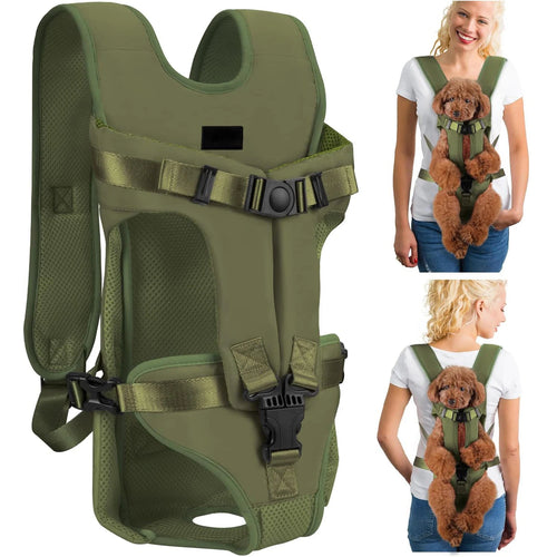 Olive green pet carrier backpack with mesh panel, waist strap, and front tail opening