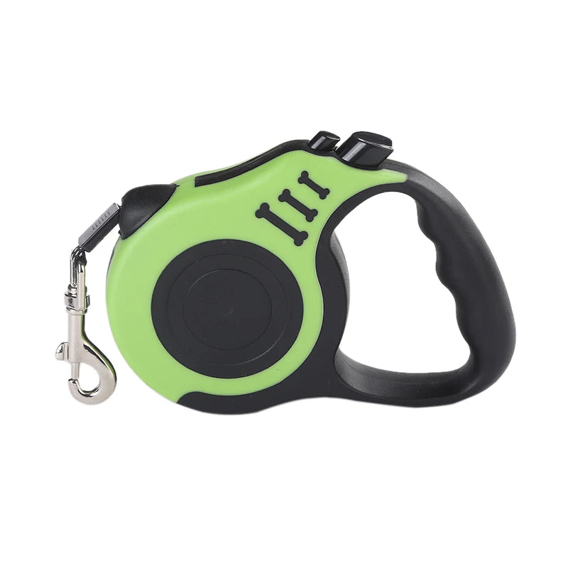 Lime green retractable pet leash reel with black handle and metal carabiner