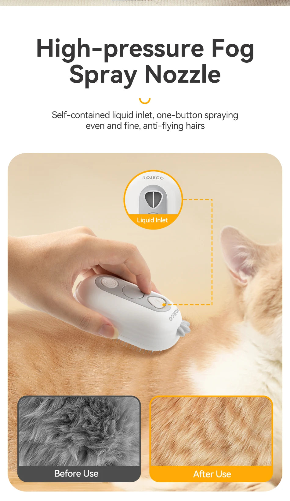 ROJECO Cat Steam Brush Pet Hair Comb Electric Sprayer Cat Hair Brushes for Massage Wireless Cat Dog Hair Brush Grooming Supplies