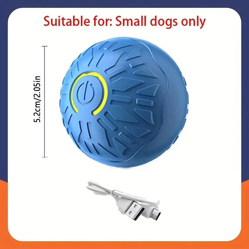 SmartRoll dog ball, blue with yellow power light ring and charging cable shown