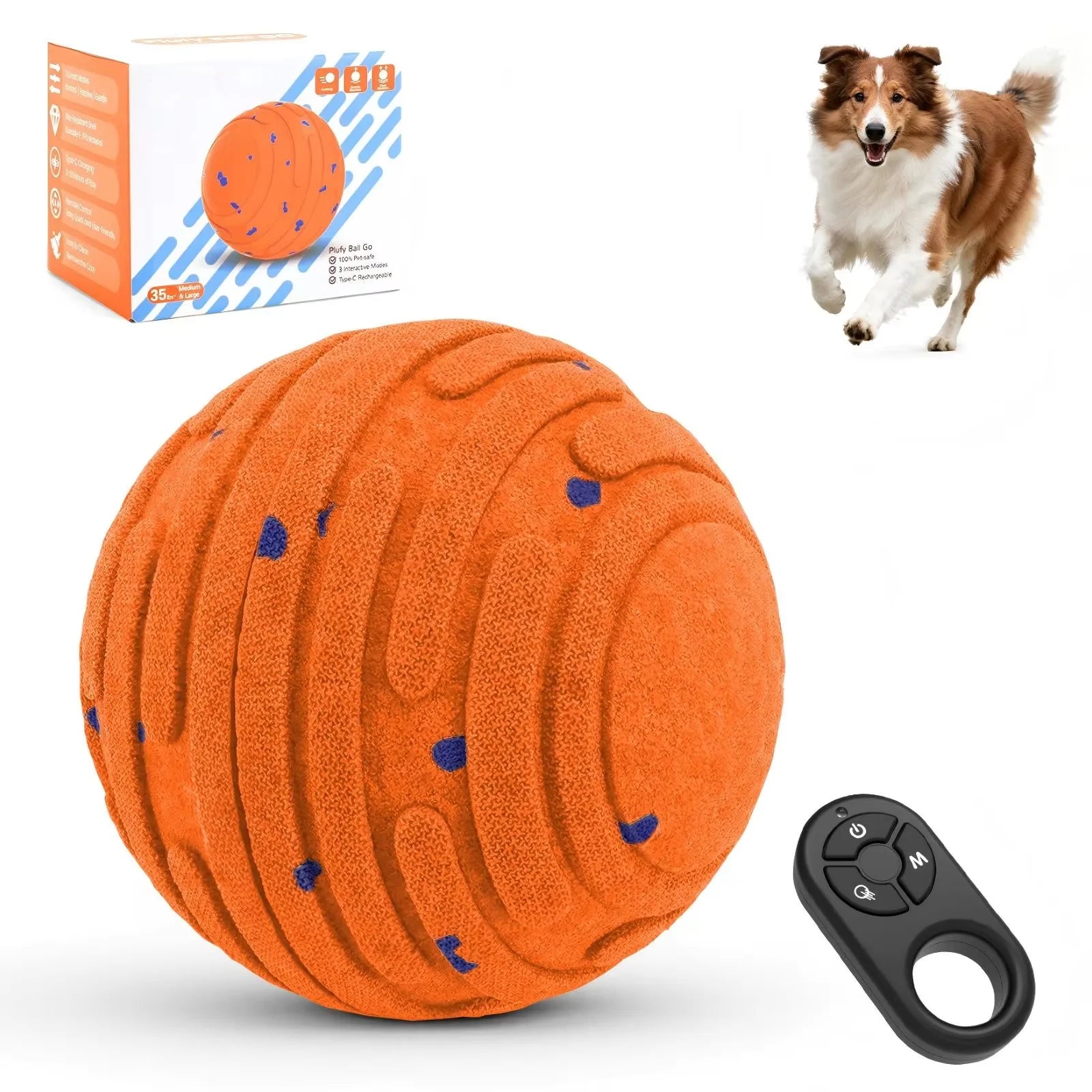 Orange plush interactive dog ball with multicolor dot pattern and black remote control