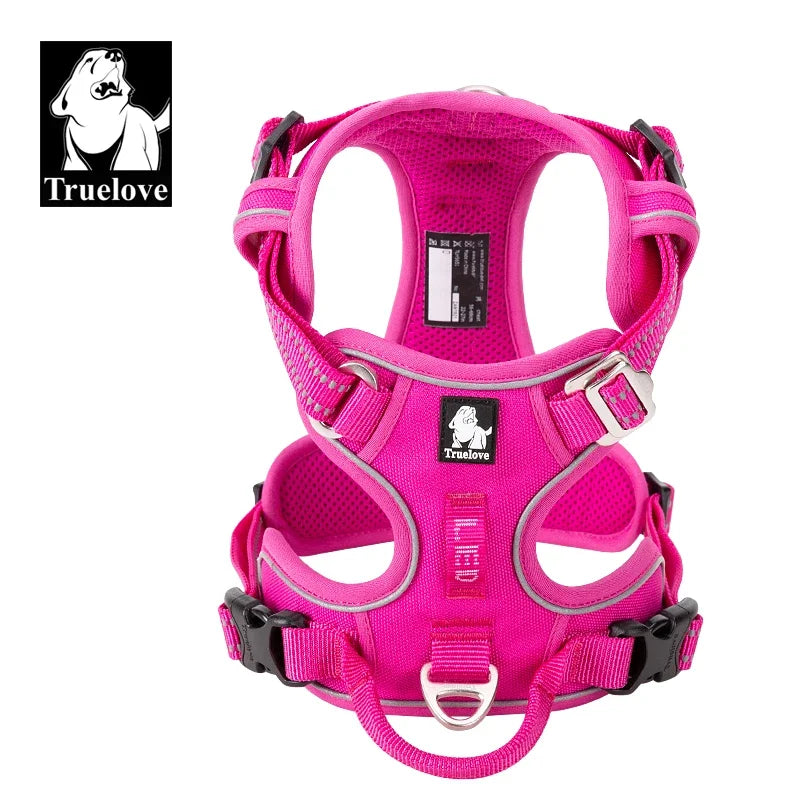 Fuchsia dog safety harness vest with padded mesh panels and adjustable strap buckles