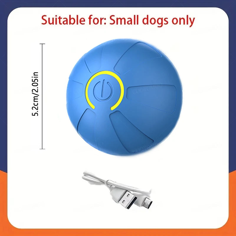 Blue smart interactive dog ball with glowing power button and included USB cable