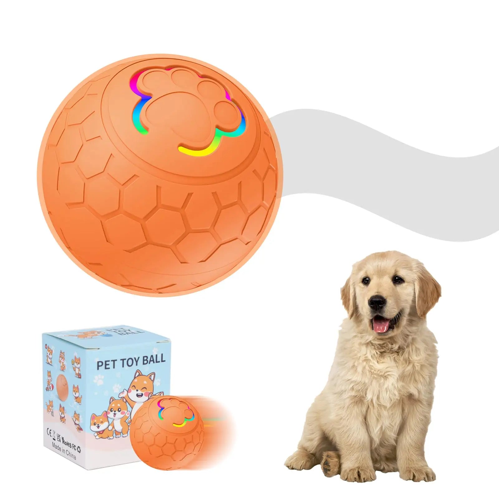 Orange textured dog toy ball with paw light detail and small gift box in view