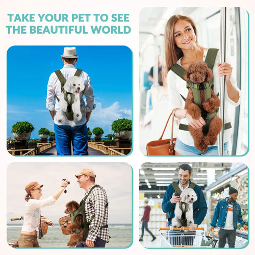 Pet carrier backpack worn by person with small dog facing out; olive green with mesh