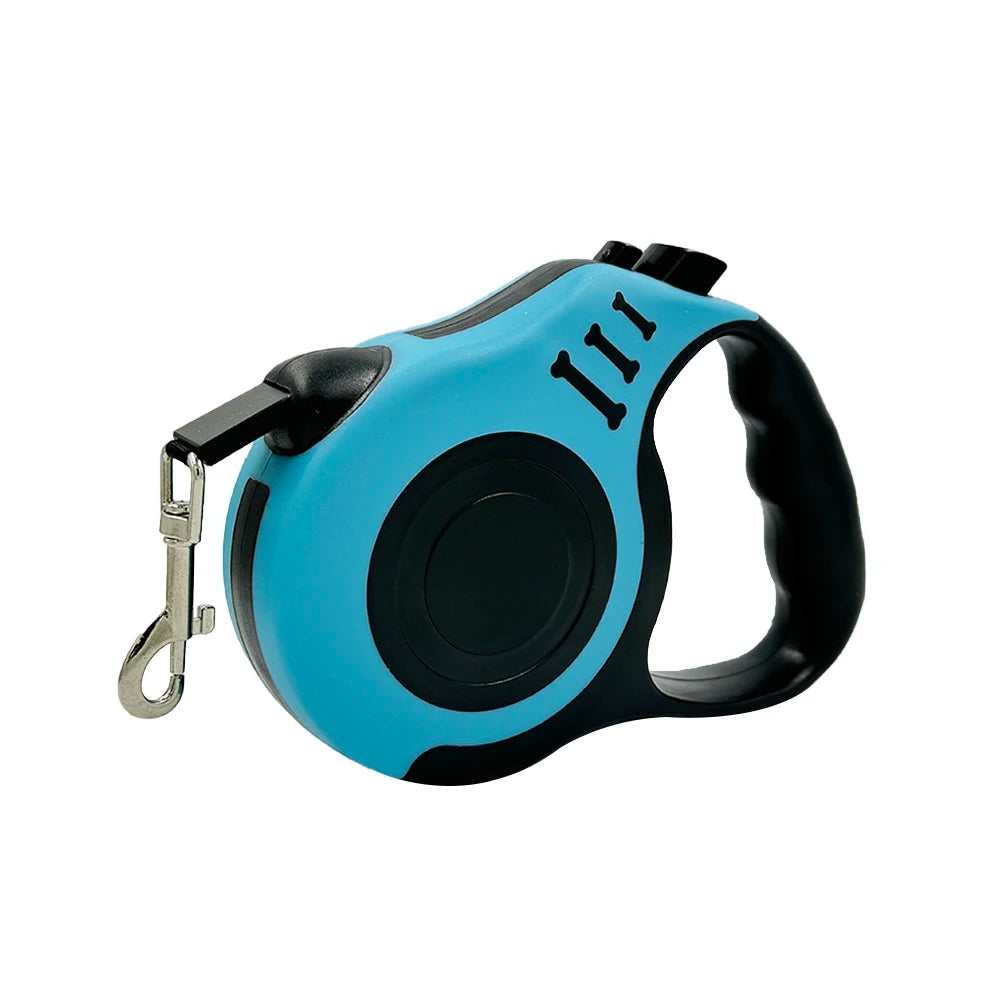 Retractable dog leash reel, blue and black with carabiner