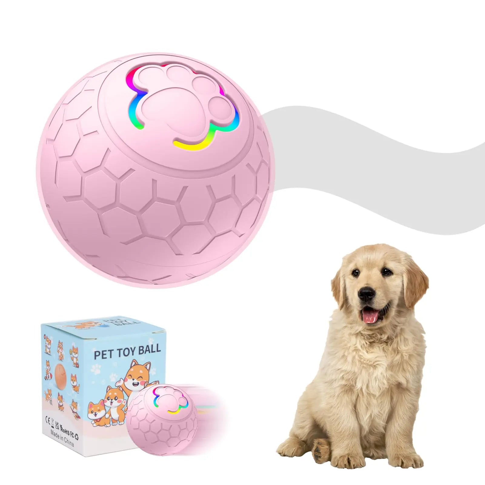 Pink textured dog toy ball with paw-shaped squeaker and rainbow rim detail