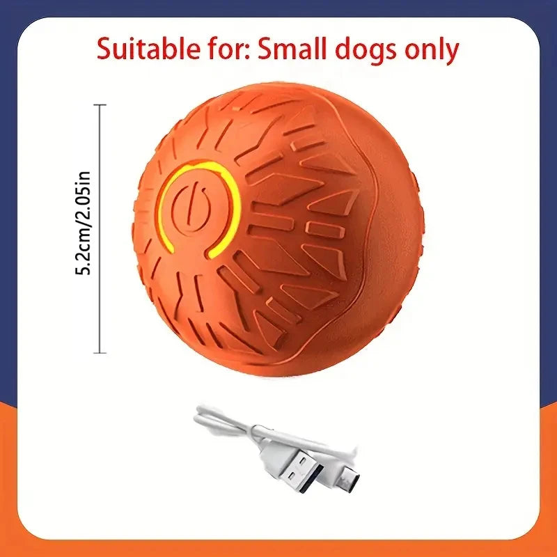 Zavero™ SmartRoll dog ball, orange with yellow power light and charging cable shown