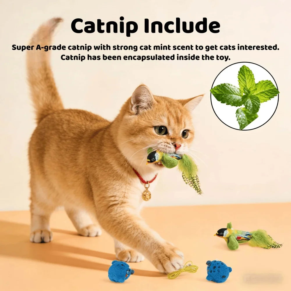 Interactive Cat Bird Toy with Sound Smart Induction Realistic Feathers Catnip Hanging Wall Mount Hunting Gear Indoor Cats Kitten
