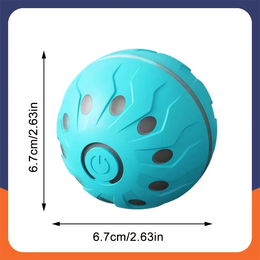Light blue smart interactive dog ball with glowing power button and raised dot texture