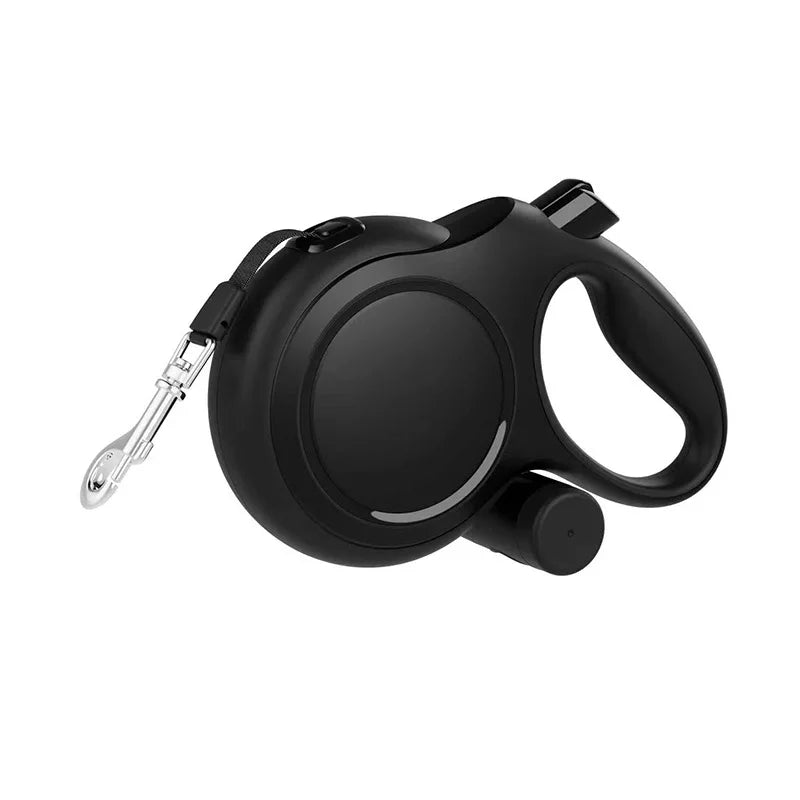Retractable dog leash reel, black housing with silver metal clip and black wrist strap