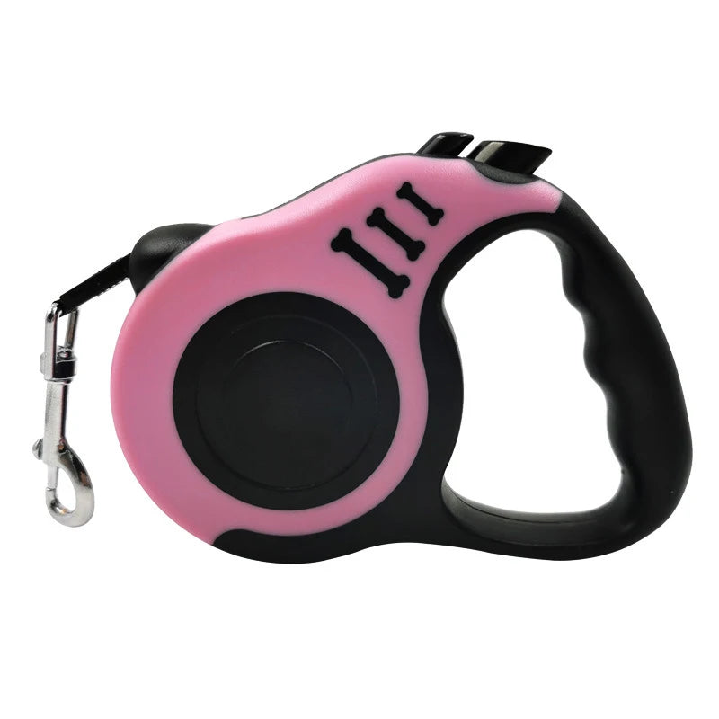 Retractable dog leash reel, pink and black with carabiner