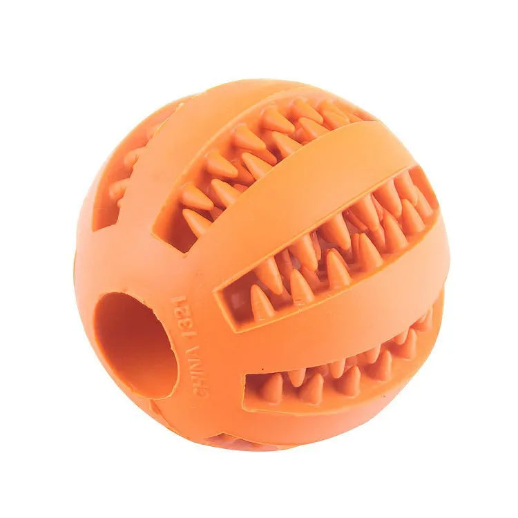 Orange chew toy ball with raised bite ridges and a large side opening