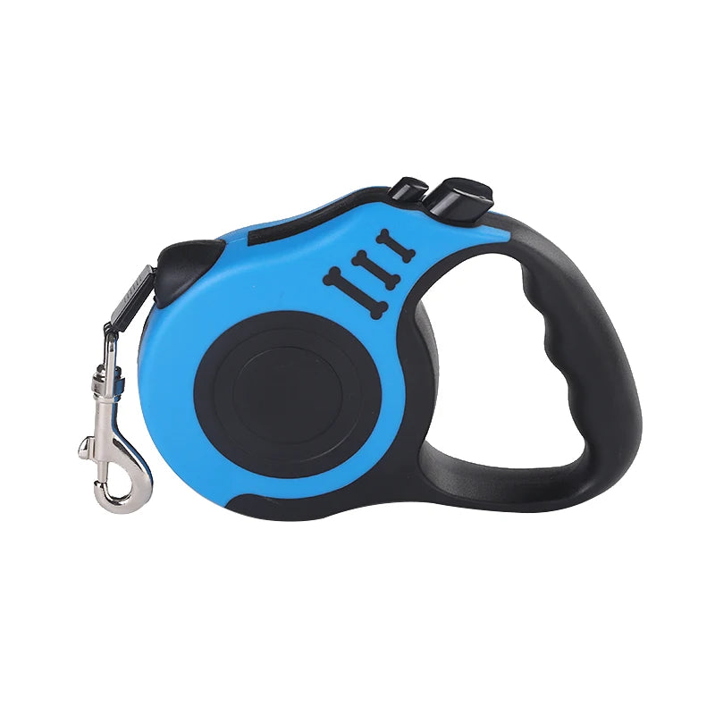 Blue retractable pet leash reel with black handle and metal carabiner