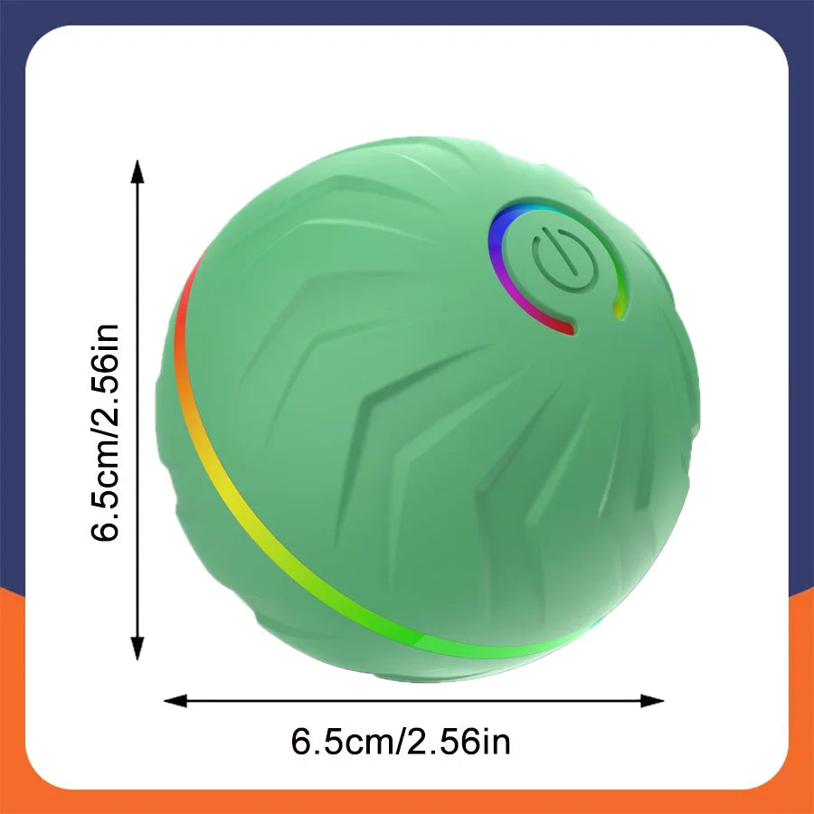 Green smart interactive dog ball with rainbow-lit power icon and smooth textured lines