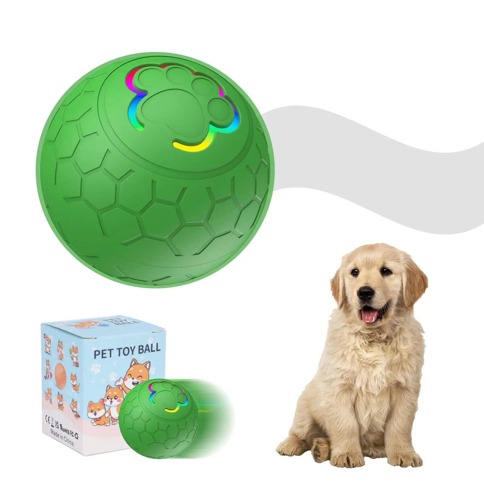 Green textured dog toy ball with paw-shaped squeaker and rainbow rim detail