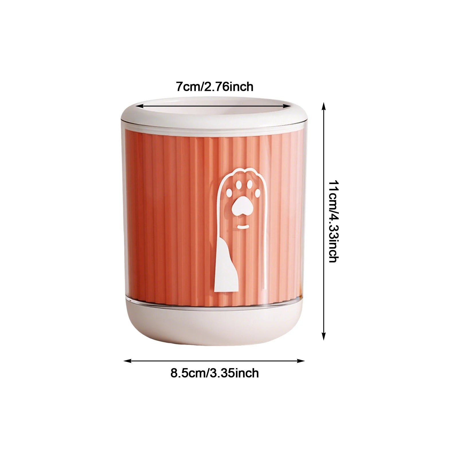 Zavero™ PawRinse Cup size diagram, orange: 8.5cm wide, 11cm high