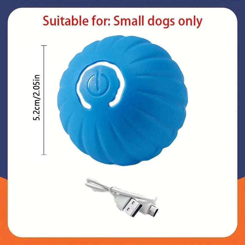SmartRoll dog ball, blue with white power light and charging cable shown
