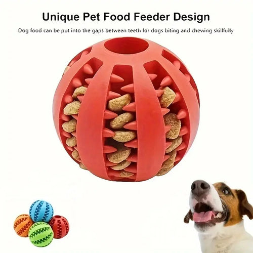 Red chew feeder ball toy with ridged compartments and visible treat pieces
