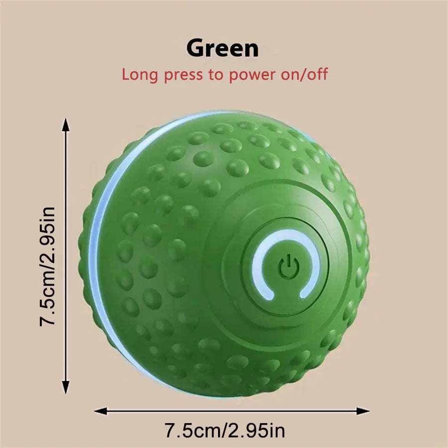 Green smart interactive dog ball with textured bumps and glowing power button