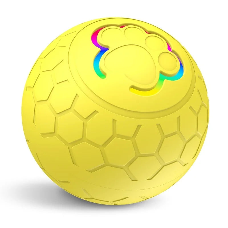 Yellow textured dog toy ball with paw-shaped squeaker and rainbow rim detail