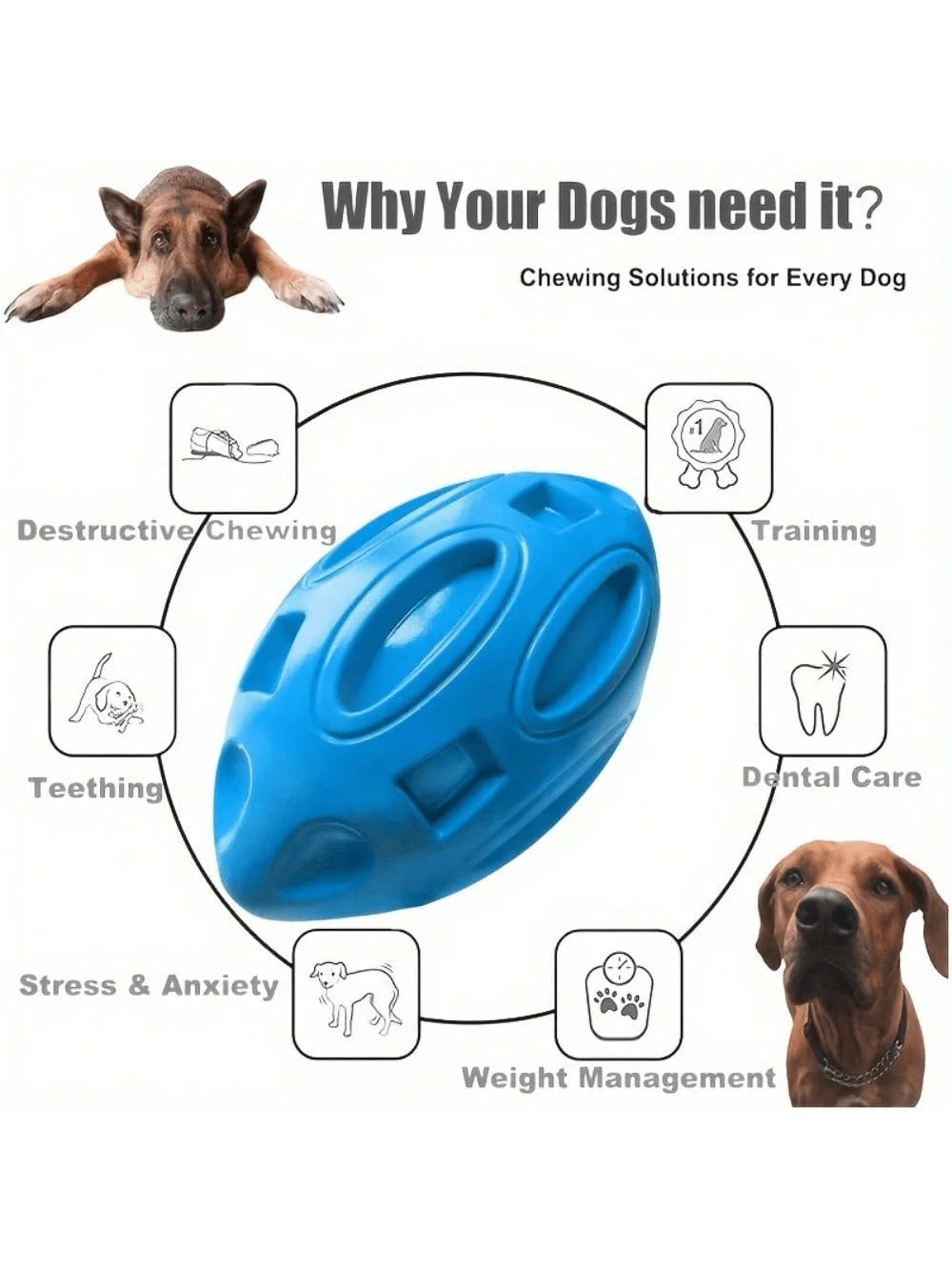 1pc Indestructible Squeaky Rugby Ball Dog Chew Toy - Durable Rubber Ball For Aggressive Chewers, Teething And Play Fun