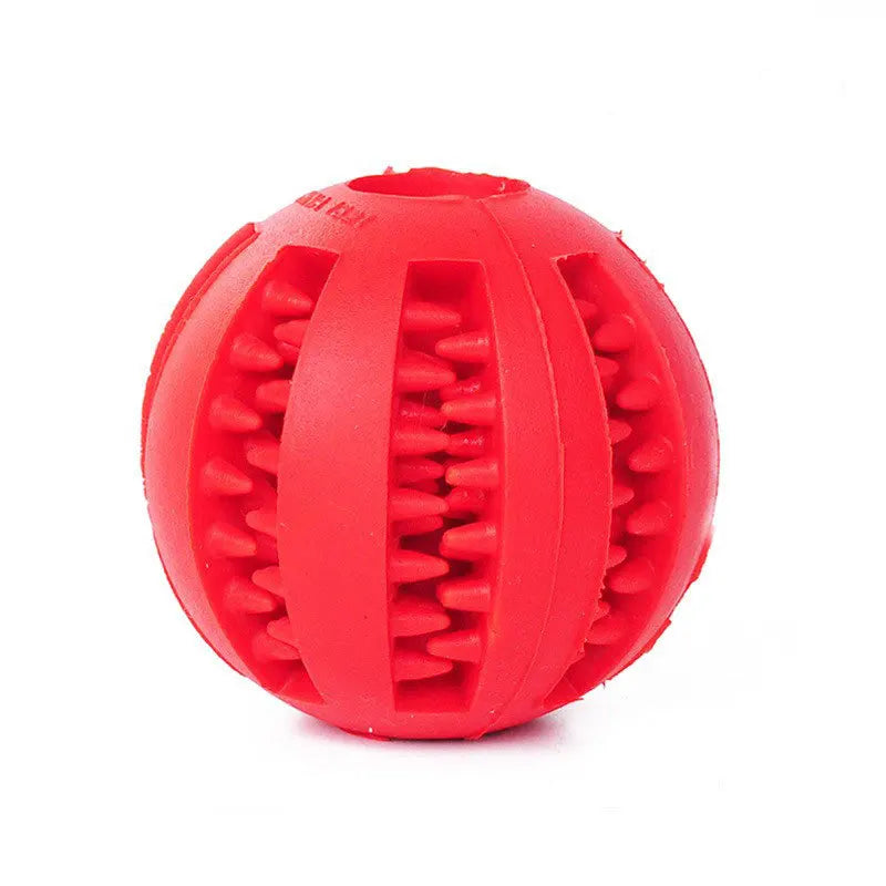 Red chew toy ball with raised spike ridges and a large side opening